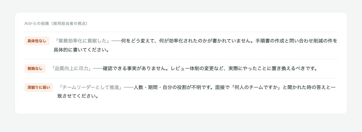 AIが採用担当者の視点で経歴書の弱点を3件指摘している例