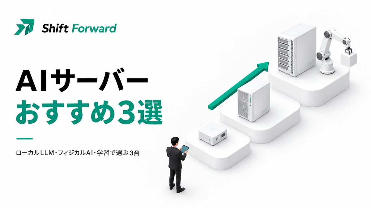 小型のコンピュータ、タワー型のパソコン、ロボットアームを添えたワークステーションが3段の台座に並び、緑の矢印で段階を表した3Dイラスト