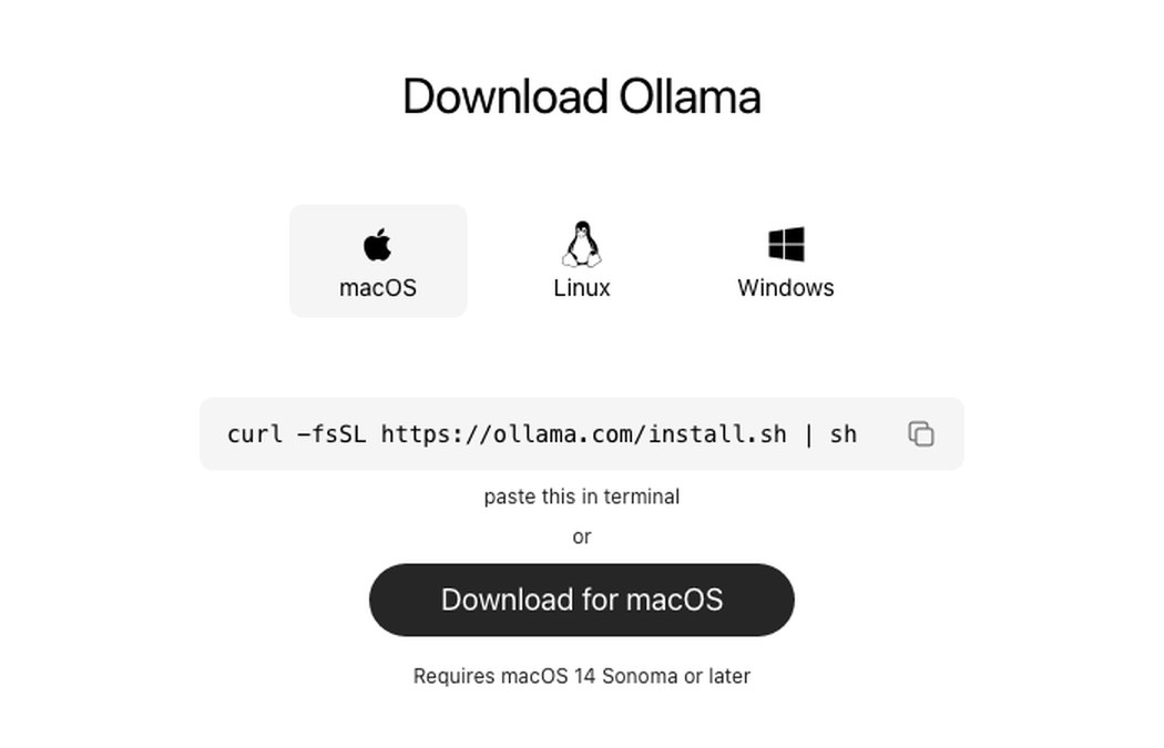 Ollama公式サイトのダウンロードページ。macOS・Linux・Windowsのタブと、macOS向けダウンロードボタンが並ぶ