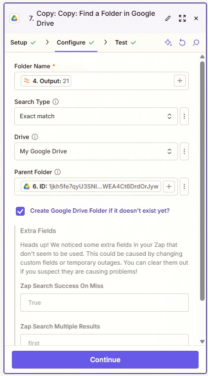 Google Driveで日フォルダを検索・作成するZapierのアクション設定
