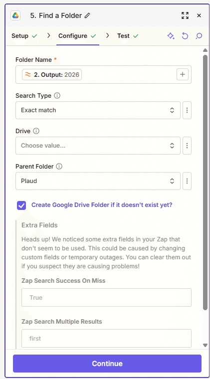 Google Driveで年フォルダを検索・作成するZapierのアクション設定