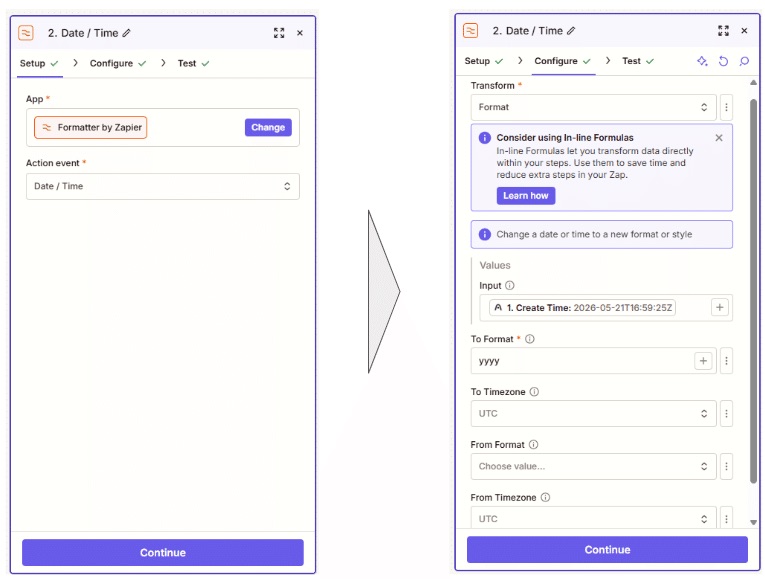 Zapier Formatterで年をフォーマットする設定画面