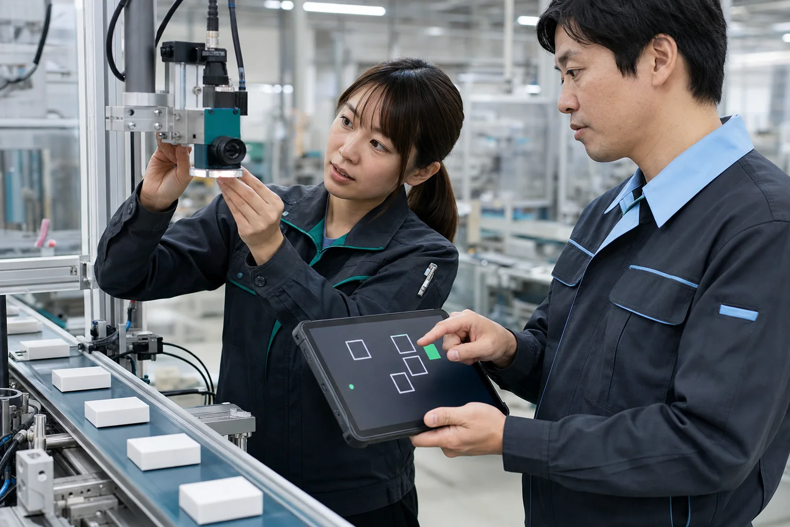 製造現場で画像認識カメラを調整するエンジニア