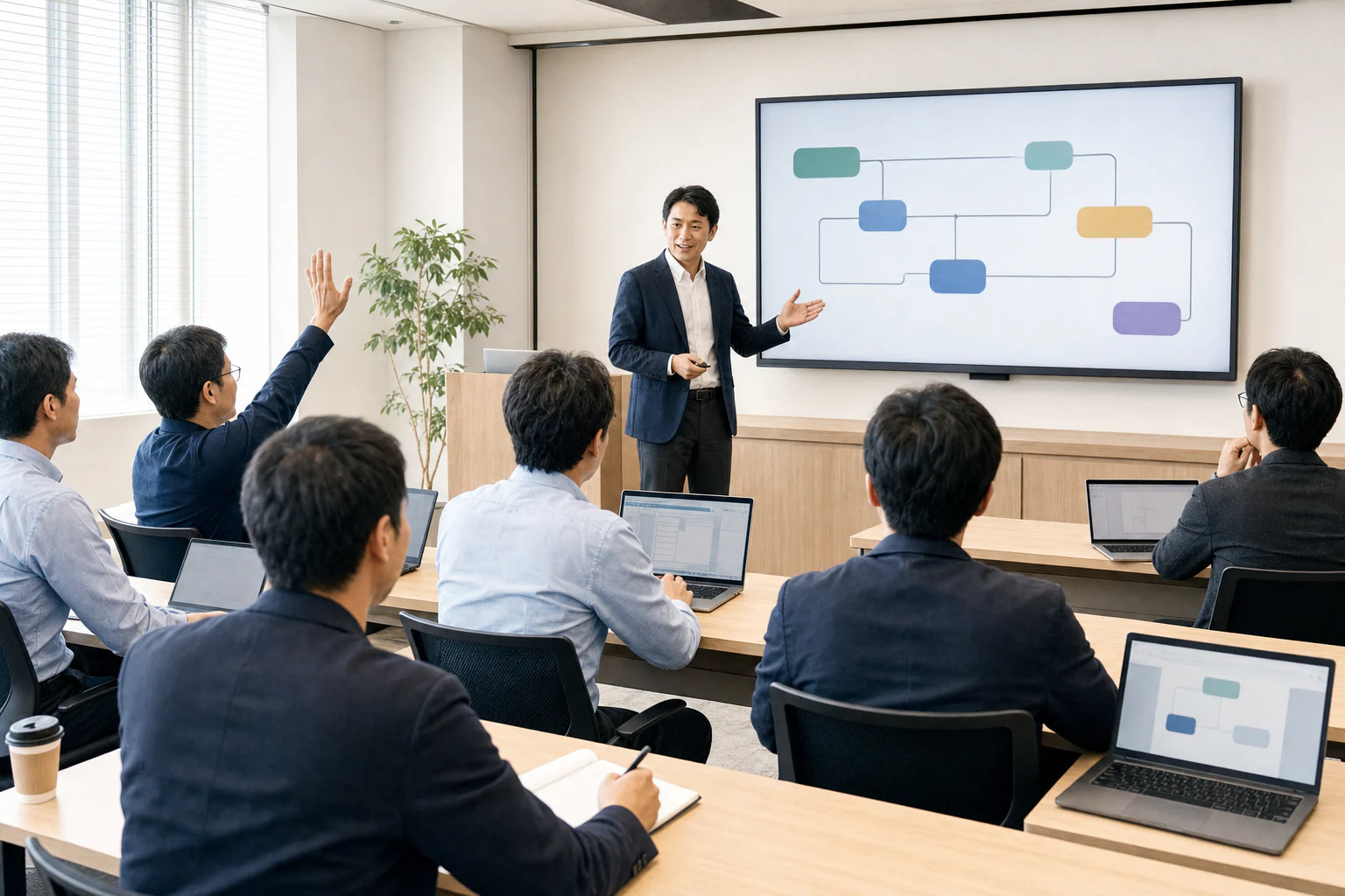 講師の実演を見ながら参加者がパソコンで学ぶAI研修